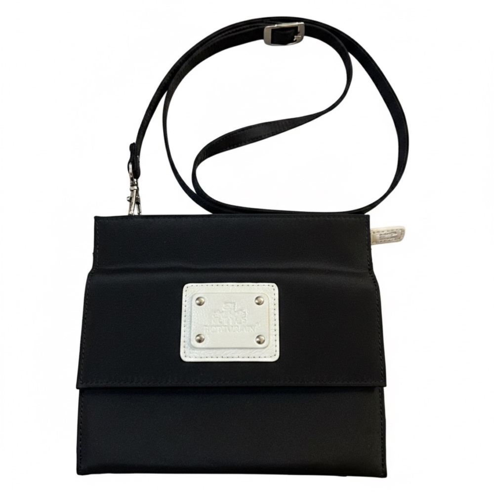 ROWALLAN of Scotland Crossbody Bag Black  Nylon and White Leather Trim EUC